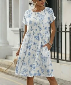 Best deal 👏 Pink Daisy White & Blue Floral Short-Sleeve Empire-Waist Shift 👗 Dress - 👩 Women ✨