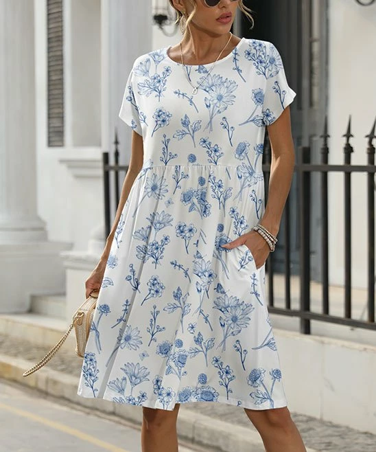 Best deal π Pink Daisy White & Blue Floral Short-Sleeve Empire-Waist Shift π Dress - π© Women β¨