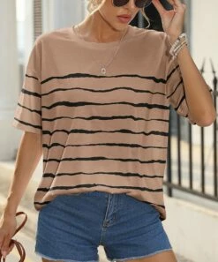 Hot Sale ✔️ Pink Daisy Taupe & Black Stripe Oversize Tee - 👩 Women 🎉