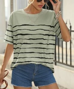 Hot Sale π₯ Pink Daisy Light Moss Green & Black Stripe Tee - π© Women β