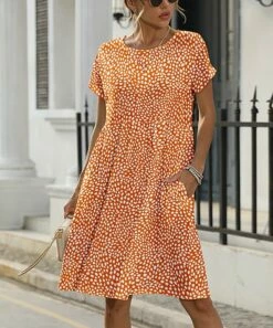 Flash Sale 🥰 Pink Daisy Orange Spot Short-Sleeve Pocket A-Line 👗 Dress - 👩 Women & Plus ⭐