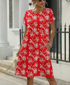 Discount 👏 Pink Daisy Red Hibiscus Short-Sleeve Pocket A-Line 👗 Dress - Plus 🧨