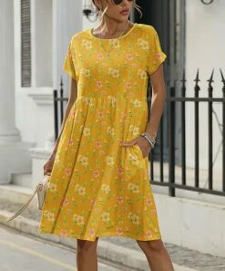 Cheap ✨ Pink Daisy Yellow Floral Short-Sleeve Pocket A-Line 👗 Dress - 👩 Women 💯