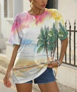 Wholesale π Pink Daisy Pink & Yellow Watercolor Beach Oversize Tee - π© Women π₯