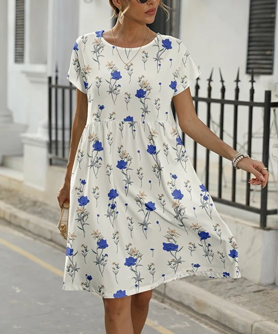 Cheap β Pink Daisy White & Blue Floral Short-Sleeve Pocket A-Line π Dress - π© Women π€© - Image 2