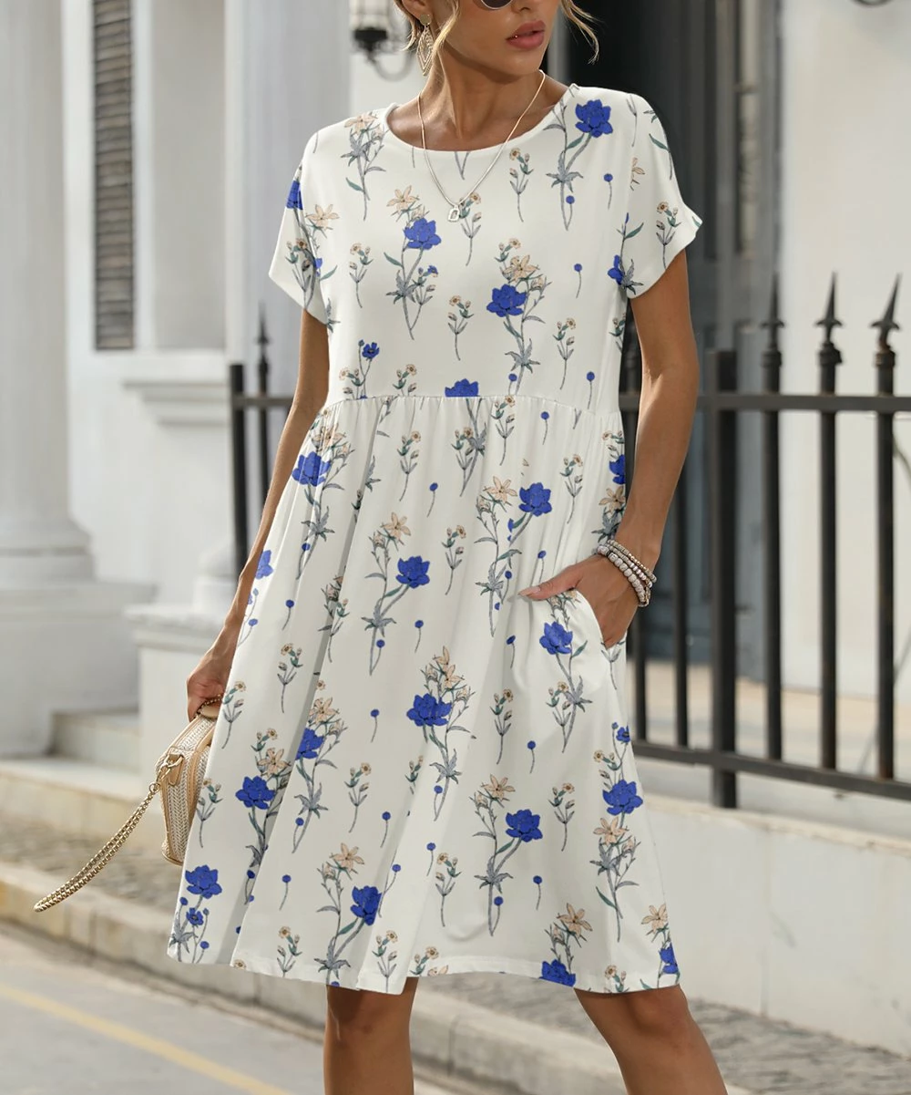 Cheap β Pink Daisy White & Blue Floral Short-Sleeve Pocket A-Line π Dress - π© Women π€©