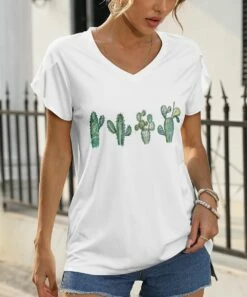 Top 10 π Pink Daisy White & Green Cactus Short-Sleeve V-Neck Tee - Plus π