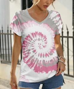 Top 10 π Pink Daisy Pink & Gray Tie-Dye Short-Sleeve V-Neck Tee - Plus π