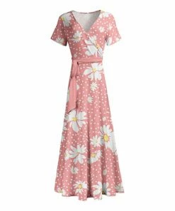 Top 10 🔔 Lily Pink & White Daisy Polka Dot Tie-Waist Surplice Maxi 👗 Dress - 👩 Women 👏