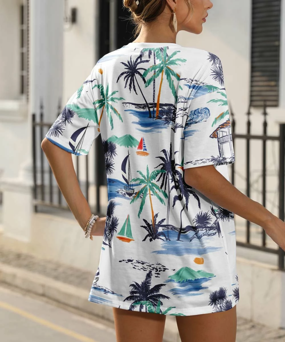 Hot Sale β Pink Daisy White & Blue Tropical Sailboat Oversize Tee - Plus π - Image 2