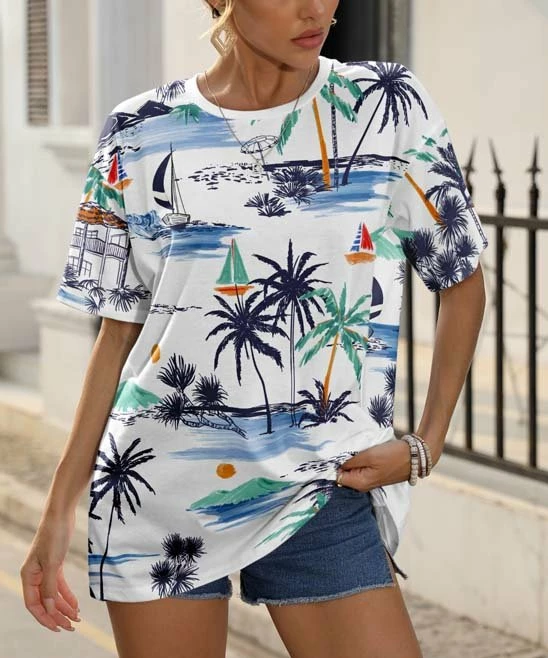 Hot Sale β Pink Daisy White & Blue Tropical Sailboat Oversize Tee - Plus π