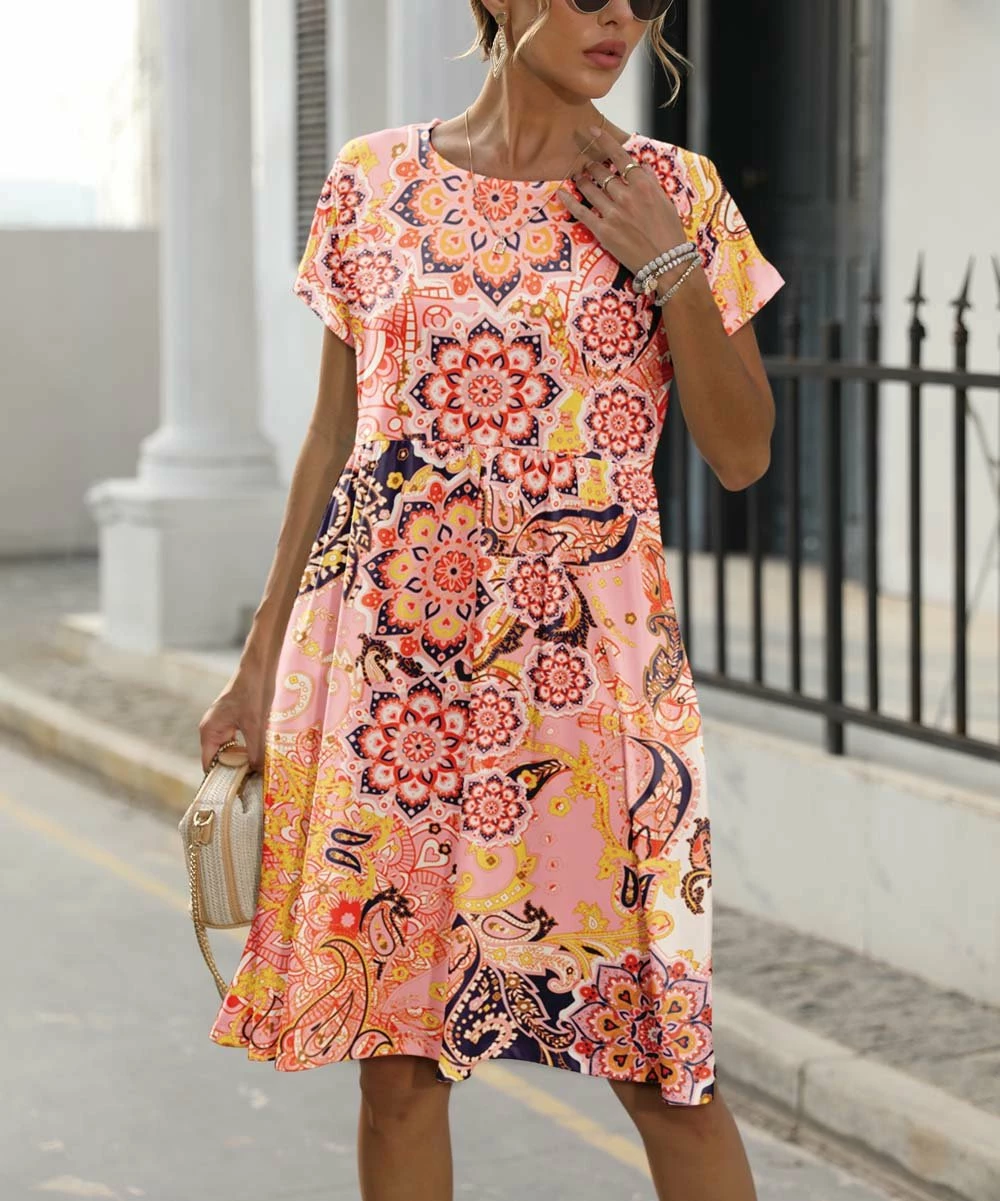 Best Sale π Pink Daisy Orange Mandala Short-Sleeve Pocket A-Line π Dress - π© Women π - Image 2