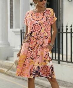 Best Sale 🔔 Pink Daisy Orange Mandala Short-Sleeve Pocket A-Line 👗 Dress - 👩 Women 👏