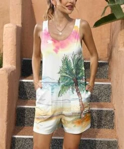 Hot Sale 𧨠Pink Daisy White & Coral Pink Tropical Palm Pocket Romper - π© Women π―