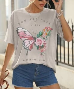 Wholesale π₯ Pink Daisy Beige & Pink 'You Are Free To Fly' Floral Butterfly Oversize Tee - π© Women π―