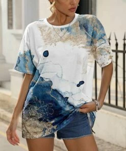 Promo π€© Pink Daisy White & Navy Marble Oversize Tee - π© Women & Plus π