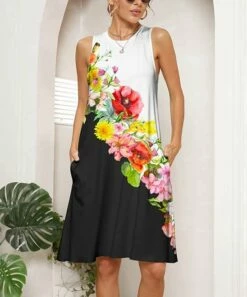 Buy 😀 Pink Daisy White & Black Floral Color Block Pocket Sleeveless Shift 👗 Dress - 👩 Women 🛒