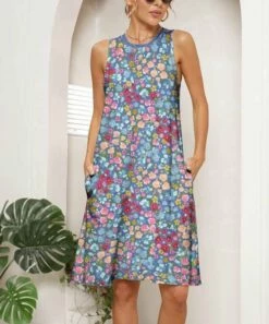 Outlet 🤩 Pink Daisy Blue Floral Pocket Sleeveless Shift 👗 Dress - 👩 Women 😍