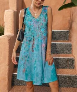 Budget π₯° Pink Daisy Blue Floral Sleeveless V-Neck Empire-Waist π Dress - π© Women & Plus π―