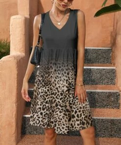 New π€© Pink Daisy Black & Brown Leopard Sleeveless V-Neck π Dress - π© Women π