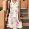 Coupon 😉 Pink Daisy Cream & Pink Floral V-Neck Sleeveless 👗 Dress - Plus 🎁