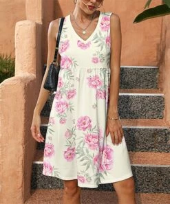 Coupon 😉 Pink Daisy Cream & Pink Floral V-Neck Sleeveless 👗 Dress - Plus 🎁