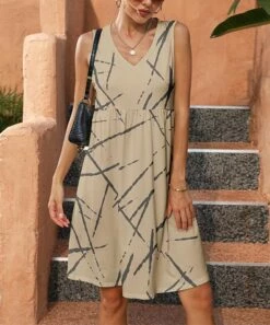 Buy 🌟 Pink Daisy Beige & Black Abstract Line V-Neck Sleeveless 👗 Dress - 👩 Women 🎉
