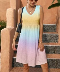 Cheapest 🛒 Pink Daisy Pink & Yellow Ombré V-Neck Sleeveless 👗 Dress - 👩 Women ❤️