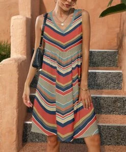 Buy 😍 Pink Daisy Orange & Teal Chevron Sleeveless V-Neck 👗 Dress - 👩 Women & Plus 🌟