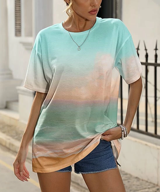 Cheap π Pink Daisy Teal & Peach Abstract Crewneck Tunic - Plus π