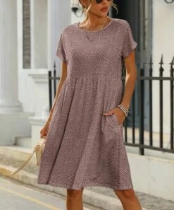 Wholesale 🛒 Pink Daisy Pink Dot Pocket Short-Sleeve A-Line 👗 Dress - 👩 Women 😉