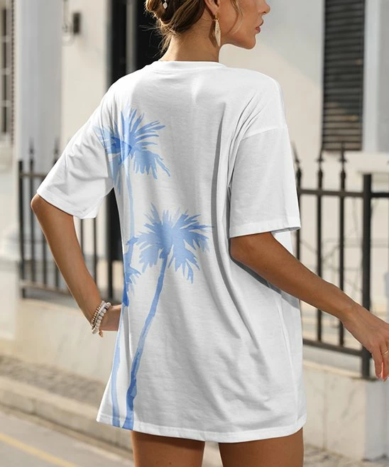 Deals π Pink Daisy White & Light Blue Palms Oversize Crewneck Tee - π© Women π€© - Image 2