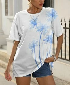 Deals 😍 Pink Daisy White & Light Blue Palms Oversize Crewneck Tee - 👩 Women 🤩
