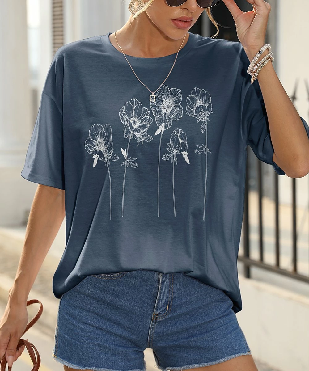 Coupon π Pink Daisy Navy & White Floral Oversize Crewneck Tee - π© Women π