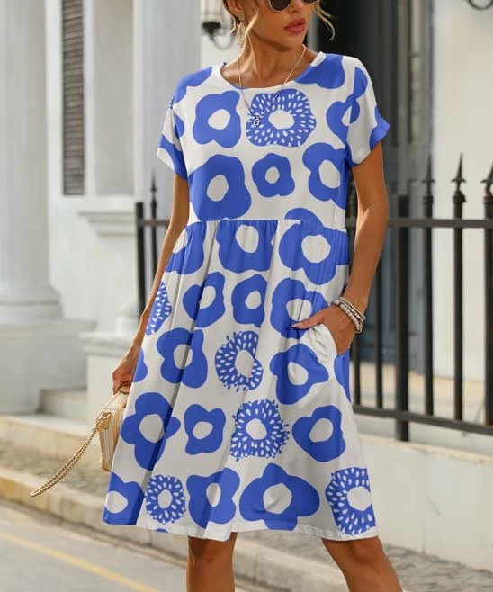 Budget π Pink Daisy Blue & White Abstract Pocket Short-Sleeve A-Line π Dress - π© Women π