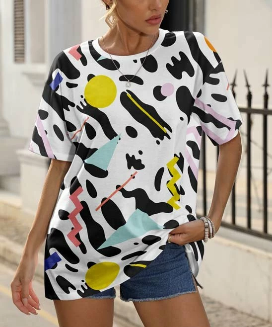 Cheapest π Pink Daisy White & Black Brushstroke Shape Crewneck Tee - π© Women & Plus π₯