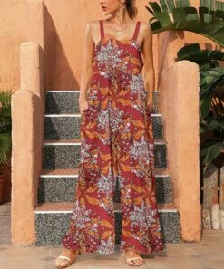 Outlet ⭐ Pink Daisy Red Multicolor Floral Empire-Waist Sleeveless Jumpsuit - 👩 Women 👍
