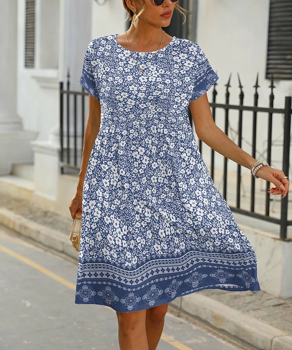 Best Sale π₯ Pink Daisy Blue & White Floral Short-Sleeve A-Line π Dress - π© Women & Plus π - Image 2