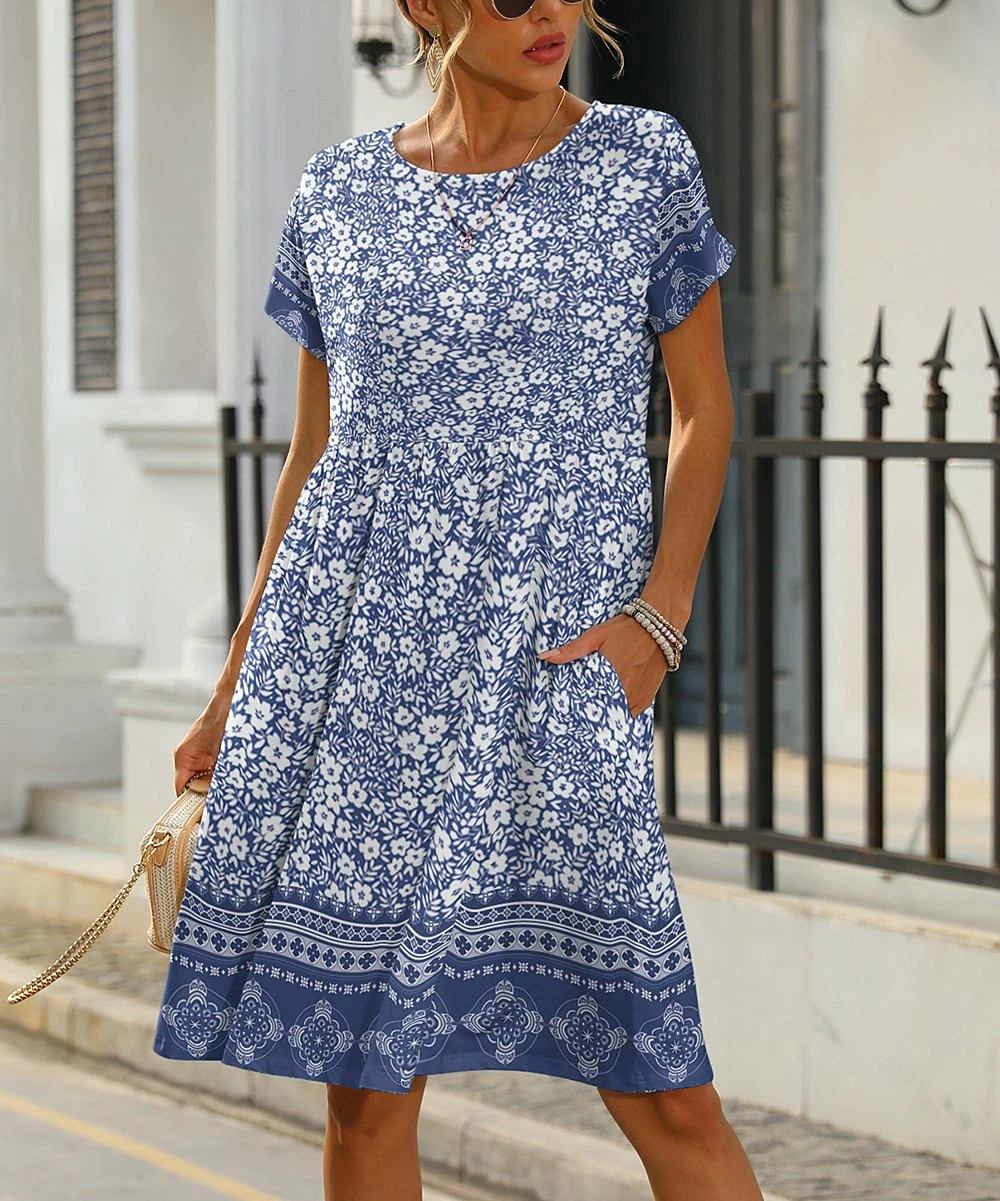 Best Sale π₯ Pink Daisy Blue & White Floral Short-Sleeve A-Line π Dress - π© Women & Plus π