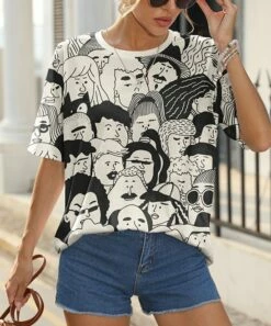 Best deal 𧨠Pink Daisy White & Black Cartoon Faces Oversize Tee - π© Women π