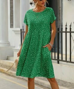 Flash Sale π Pink Daisy Green Polka Dot Pocket Short-Sleeve Shift π Dress - Plus π