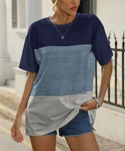 Best Sale 𧨠Pink Daisy Blue & Gray Color Block Crewneck Tee - π© Women π