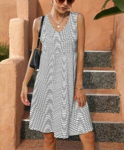 Budget π Pink Daisy White & Black Stripe Empire-Waist V-Neck π Dress - Plus π§¨