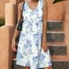 Deals ⌛ Pink Daisy White & Blue Floral Sleeveless V-Neck Empire-Waist 👗 Dress - 👩 Women 🎁