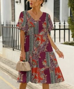 Cheap 🔔 Pink Daisy Red & Purple Patchwork Paisley V-Neck Tiered 👗 Dress - Plus ✔️