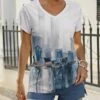 Budget 😉 Pink Daisy White & Navy City-Scape Short-Sleeve V-Neck Top - Plus 🛒