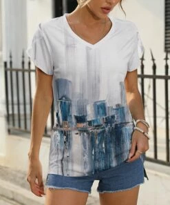 Budget π Pink Daisy White & Navy City-Scape Short-Sleeve V-Neck Top - Plus π