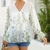 Best Sale 😍 Pink Daisy White & Green Floral Poet-Sleeve V-Neck Top - 👩 Women 👍