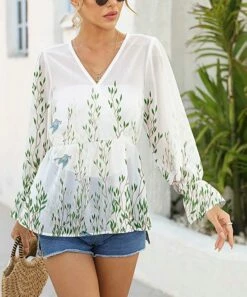 Best Sale π Pink Daisy White & Green Floral Poet-Sleeve V-Neck Top - π© Women π
