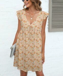 Best Pirce π₯° Pink Daisy Beige Floral Cap-Sleeve V-Neck Shift π Dress - π© Women π§¨